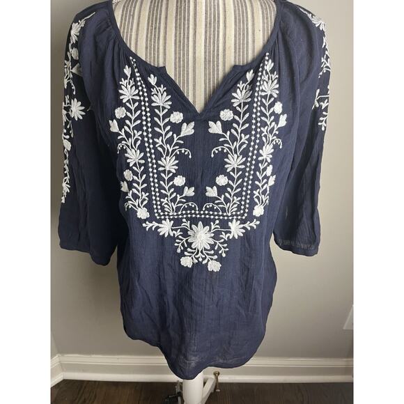 Talbots Sz Medium Navy Embroidered Floral Peaseant top Boho - Picture 1 of 7